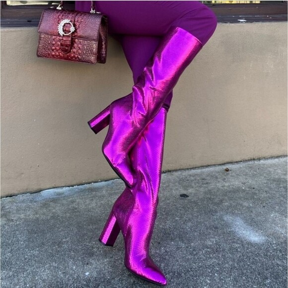 INC International Concepts Metallic Purple Paiton Tall Heeled Boots - Picture 1 of 11